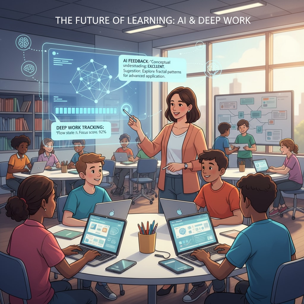 An illustration depicting students and teachers interacting with digital tools that incorporate AI feedback and deep work tracking features, highlighting the positive impact on the learning process. Productivity applications, AI feedback, and deep work tracking in K12 education