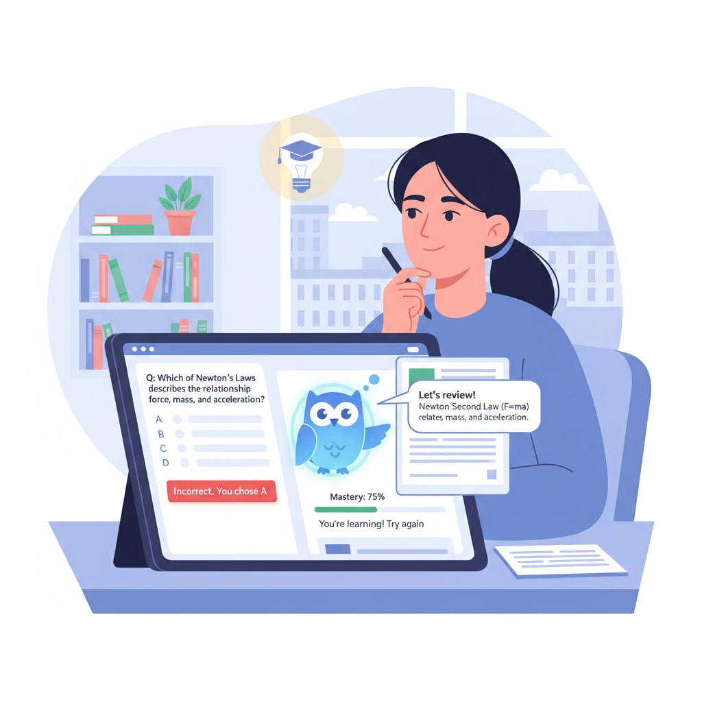 A detailed view of a student using an AI-powered learning application that provides instant feedback, showcasing how the student can learn from mistakes and improve performance. Student using an AI-powered app with feedback features for enhanced learning