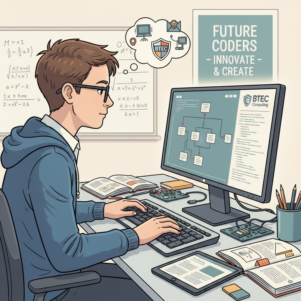 A single student is concentrating on a computer science project related to BTEC. The student is typing on the keyboard and looking intently at the screen, indicating their focus on the task. Student working on a BTEC Computer Science project important for university and apprenticeship prospects