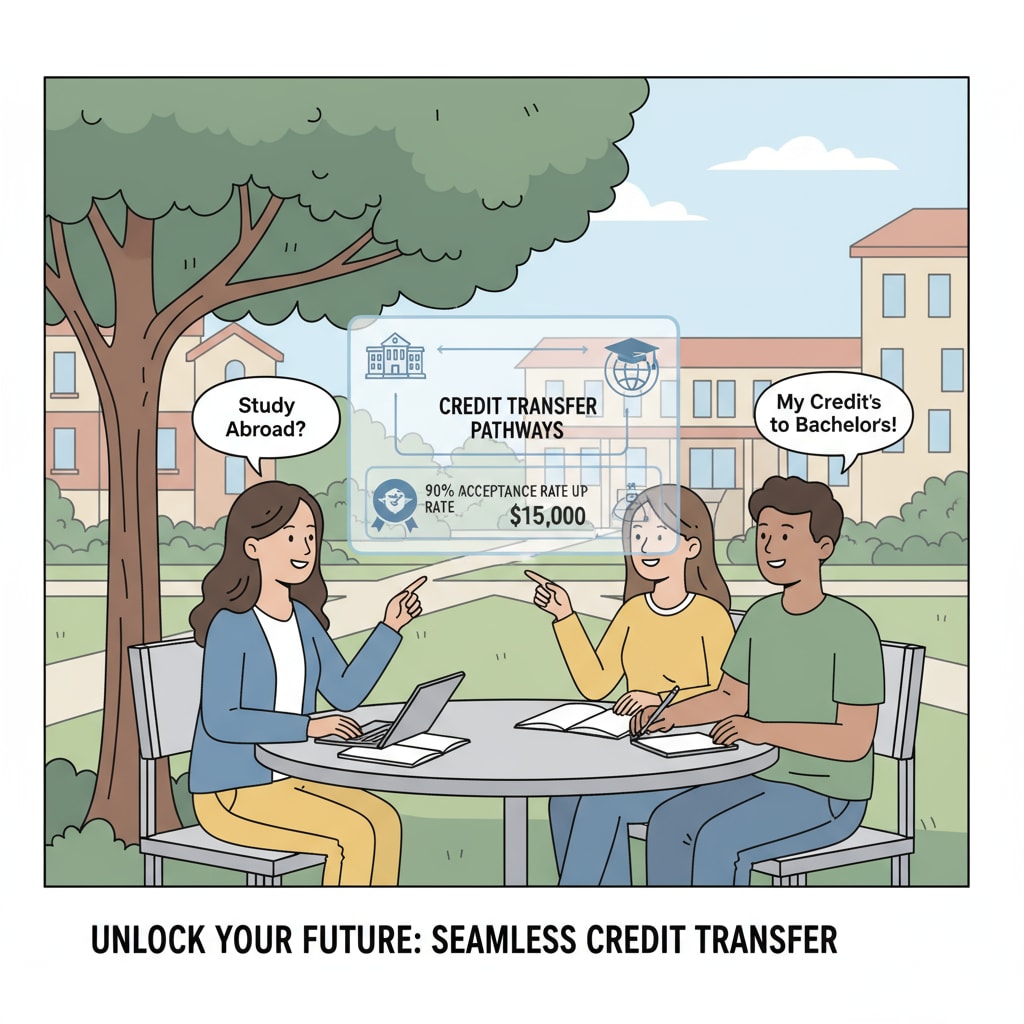 An illustration depicting students engaged in a discussion about credit transfer opportunities within a campus environment. Students discussing credit transfer options on campus related to university degrees and tuition arrears