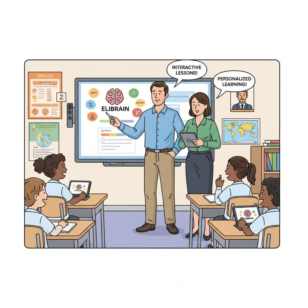 图片显示教师们在教室里使用ELIBRAIN教育平台,展示了其在教学场景中的应用。 Teachers using ELIBRAIN educational platform in classroom related to ELIBRAIN, educational tools, and user reviews