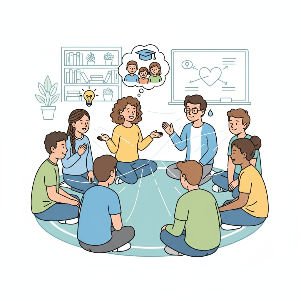 A group of students sitting in a circle, sharing their personal stories, and others listening attentively, showing signs of understanding and empathy. Students from different socioeconomic backgrounds sharing stories in an educational setting
