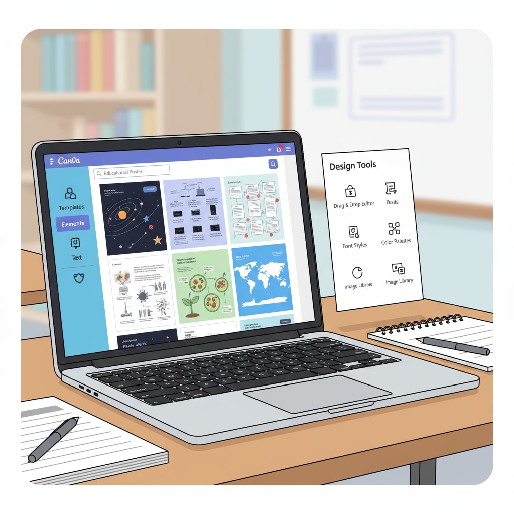 A teacher is seen on a laptop, using Canva's interface to design an educational poster. The screen shows various templates and tools available on Canva. A teacher using Canva digital files to create educational resources for K-12 curriculum