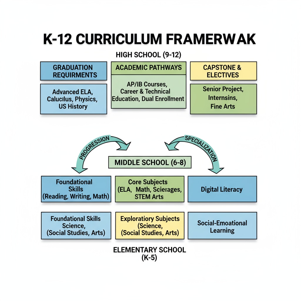 A diagram depicting the different components of the K-12 curriculum framework, with arrows showing the progression of learning from elementary to high school. Visual representation of K-12 curriculum for educational resource creation