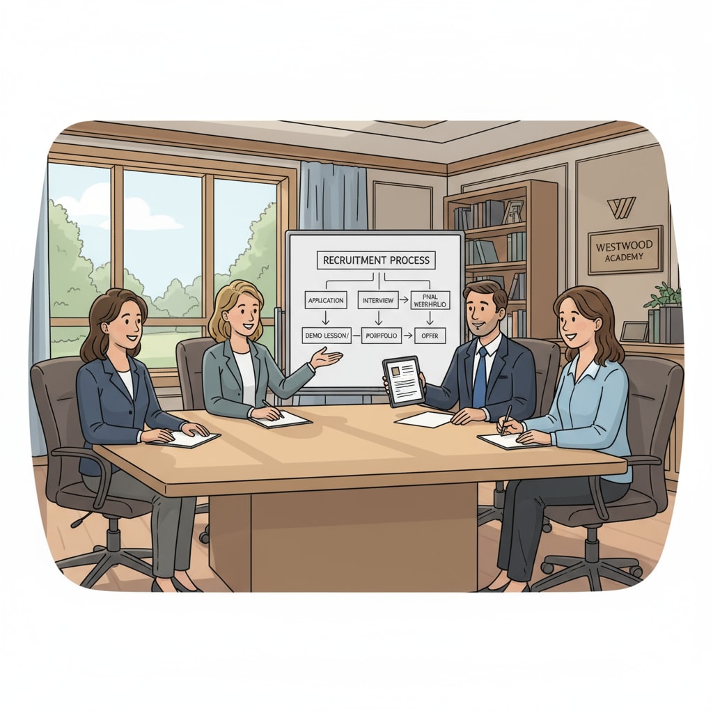 A scene of educators interviewing candidates in a private school environment, highlighting the recruitment process. Recruitment process in a private school for human resources services