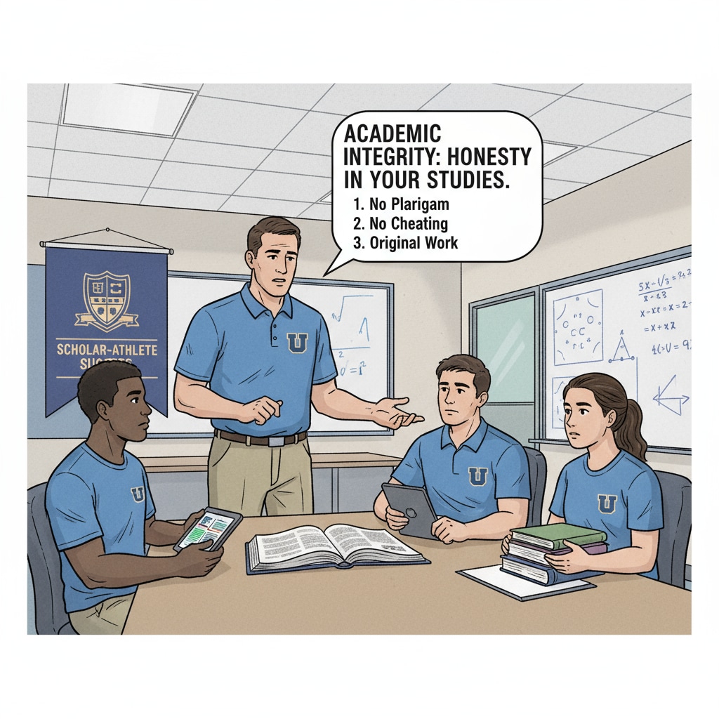 A university sports team coach is having a serious conversation with team members about academic integrity, emphasizing the importance of honesty in their studies. A university sports team coach discussing academic integrity with team members to combat AI cheating