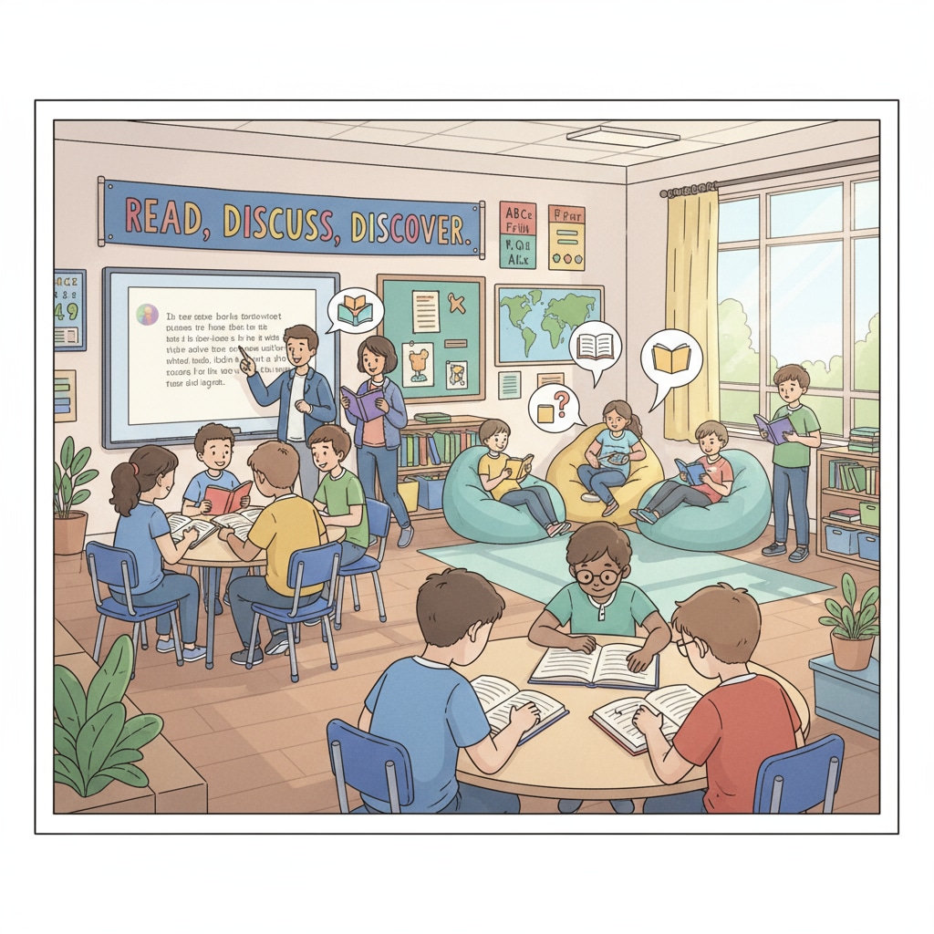 A classroom scene where students are engaged in different reading activities, such as silent reading, group discussions, and reading aloud. This shows the diverse ways reading instruction can be carried out in a modern classroom. Classroom scene of students engaged in various reading activities related to reading instruction,