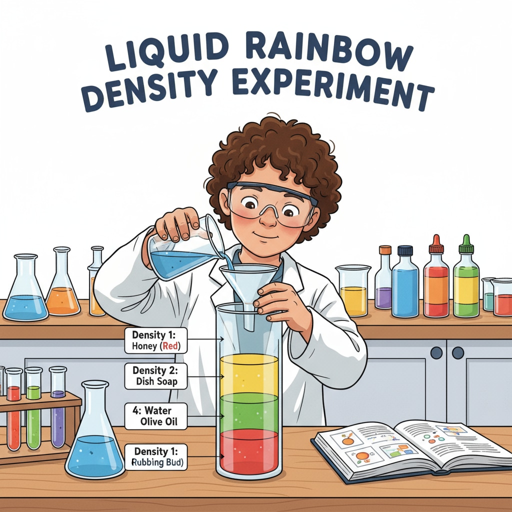 A child is carefully pouring different colored liquids into a glass to create a liquid rainbow during a science experiment at home. A child conducting a liquid rainbow science experiment as part of family activities and DIY science.