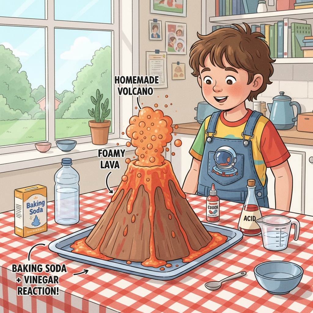 A young child is excitedly watching a homemade volcano erupt with a foamy substance during a fun science experiment at home. A child enjoying a volcano eruption science experiment as part of family activities and DIY science.