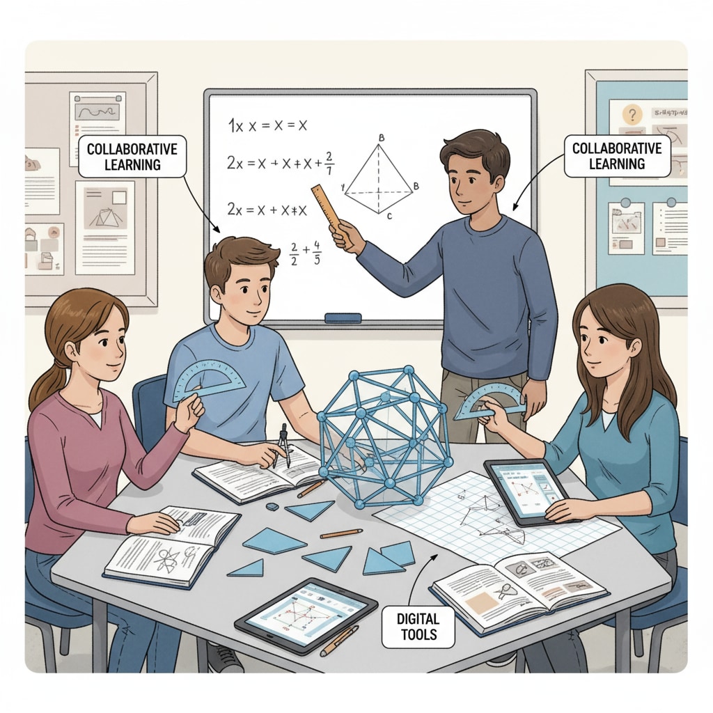 A picture of a group of American high school students collaborating on a geometry project, demonstrating a common teaching method. American high school students working together on a geometry project