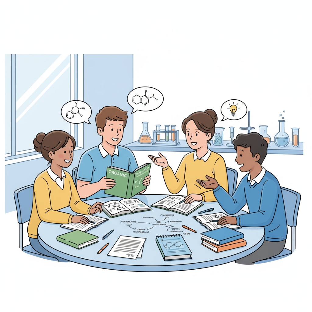 Students are engaged in a discussion about potential chemistry research topics inside a classroom. There are notebooks and textbooks on the desks, indicating their exploration of the subject. High school students discussing chemistry research project topic selection difficulties in a classroom