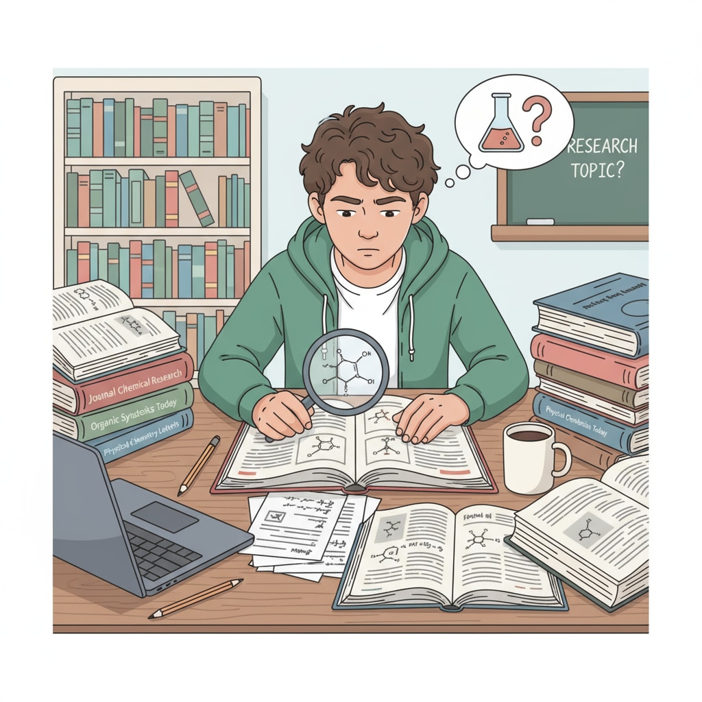 A student is sitting at a table, looking intently through scientific journals. There are various chemistry-related articles open, showing the student's effort to find a suitable research topic. Student searching for chemistry research topics in scientific journals to overcome high school project topic selection difficulties