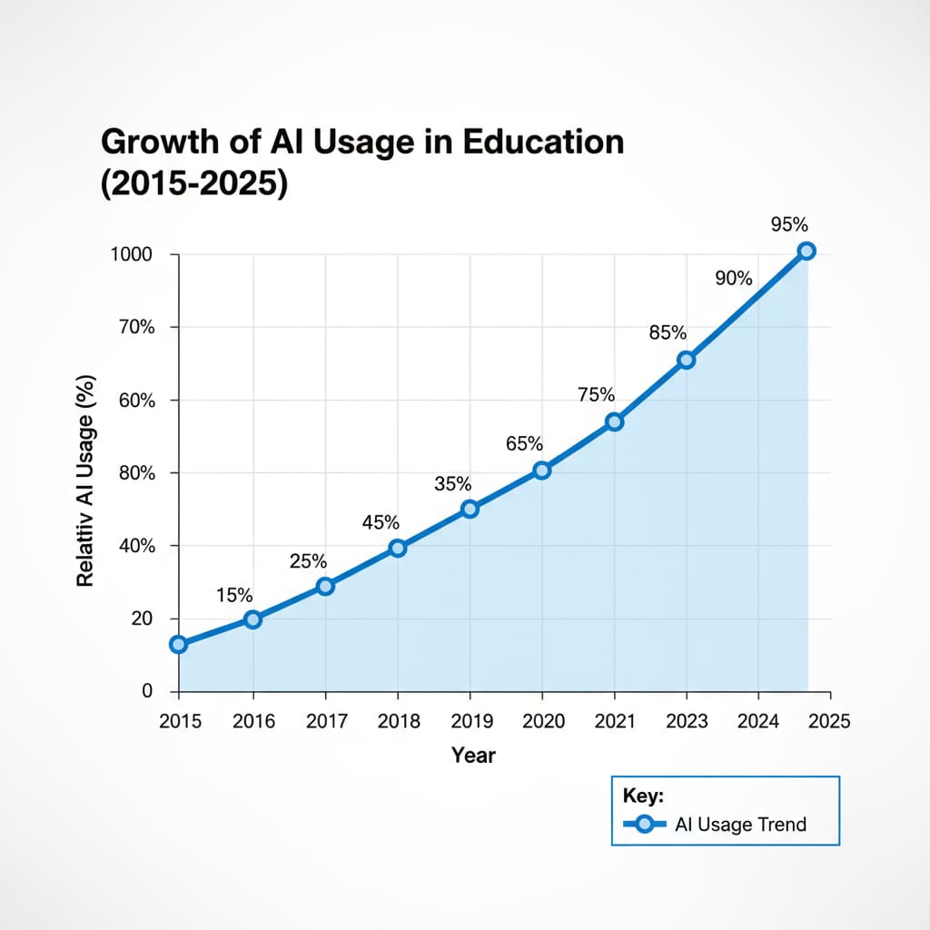 A line graph depicting the increasing trend of AI usage in education from 2015 to 2025. Graph showing the growth of AI in education related to teachers' time management and instructional support.