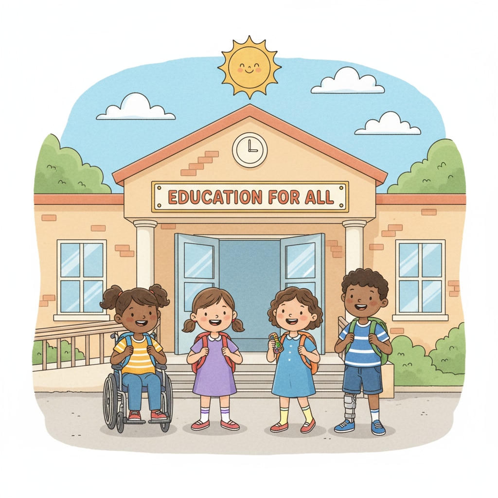 A group of special education students are shown smiling as they enter a school building, symbolizing their right to access education. Special education students entering school, highlighting school admissions, IEP, and special education.