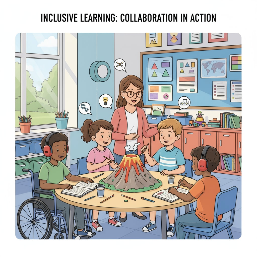 A classroom scene where special education students and regular students are collaborating on a project, demonstrating an inclusive learning environment. Inclusive classroom with special education and regular students, related to school admissions, IEP, and special education.