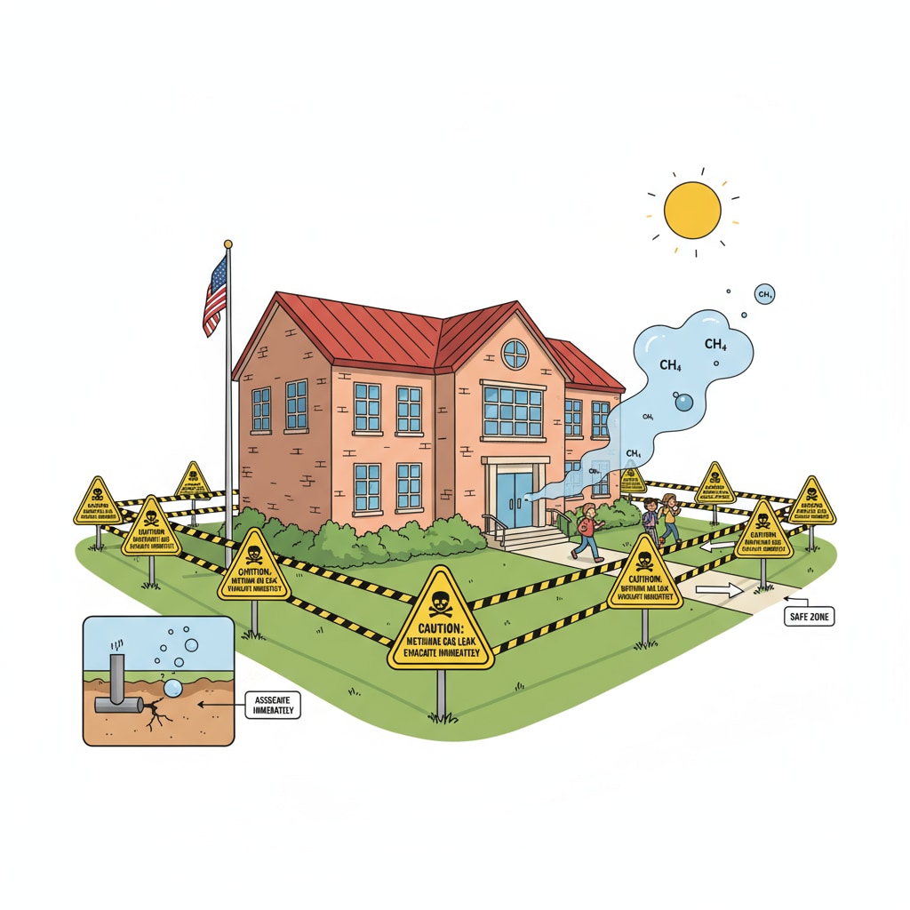 A school building with caution signs around it, indicating a potential methane leakage hazard. School building with methane leakage caution signs