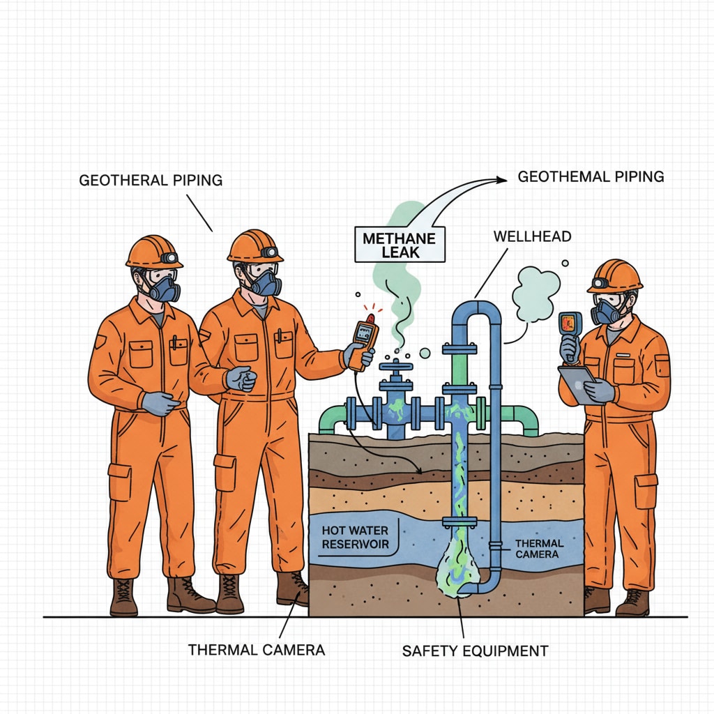 Workers in safety gear inspecting a geothermal well for signs of methane leakage. Workers inspecting geothermal well for methane leakage