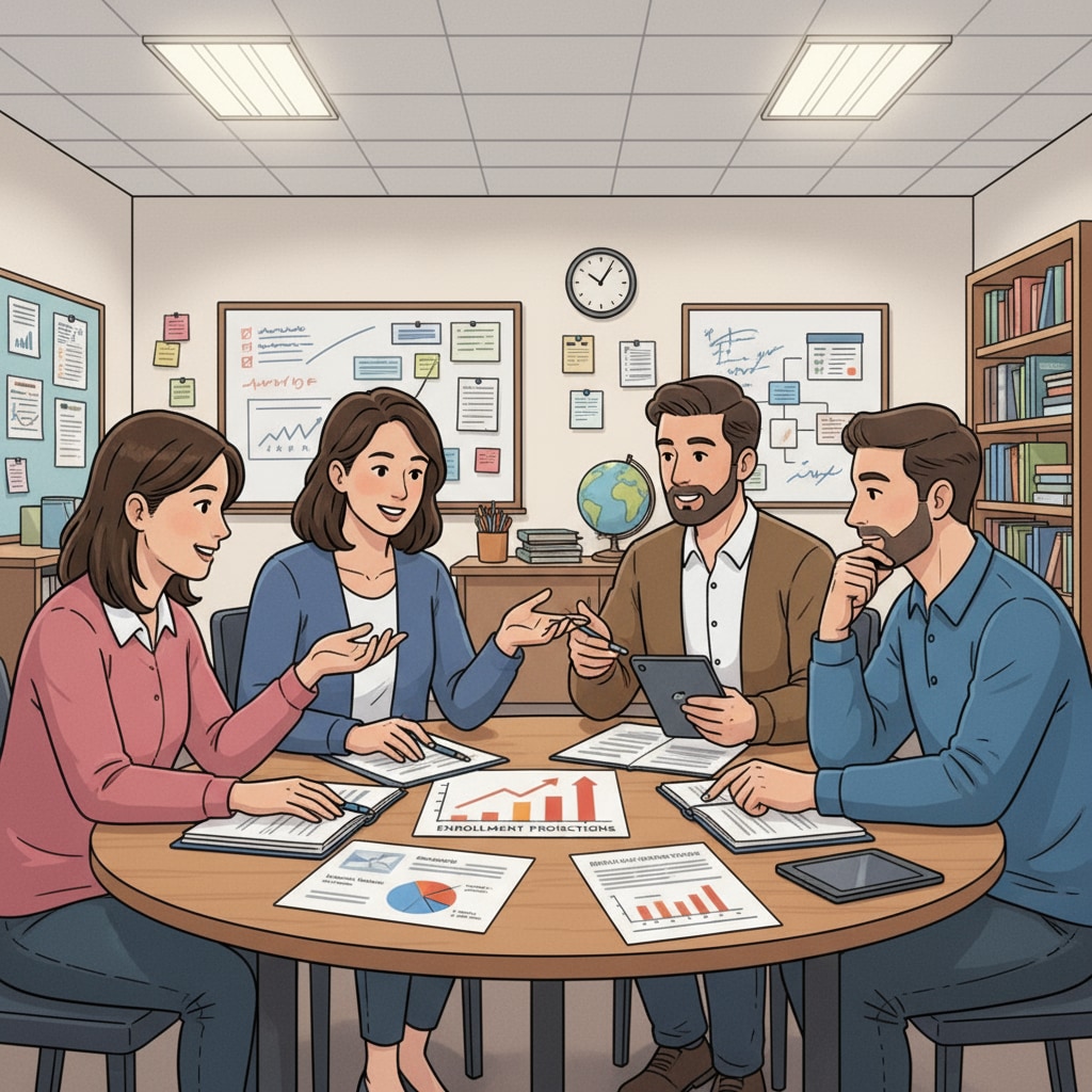A group of charter school teachers are sitting around a table, discussing enrollment strategies, with papers and charts in front of them. Charter school teachers discussing enrollment strategies