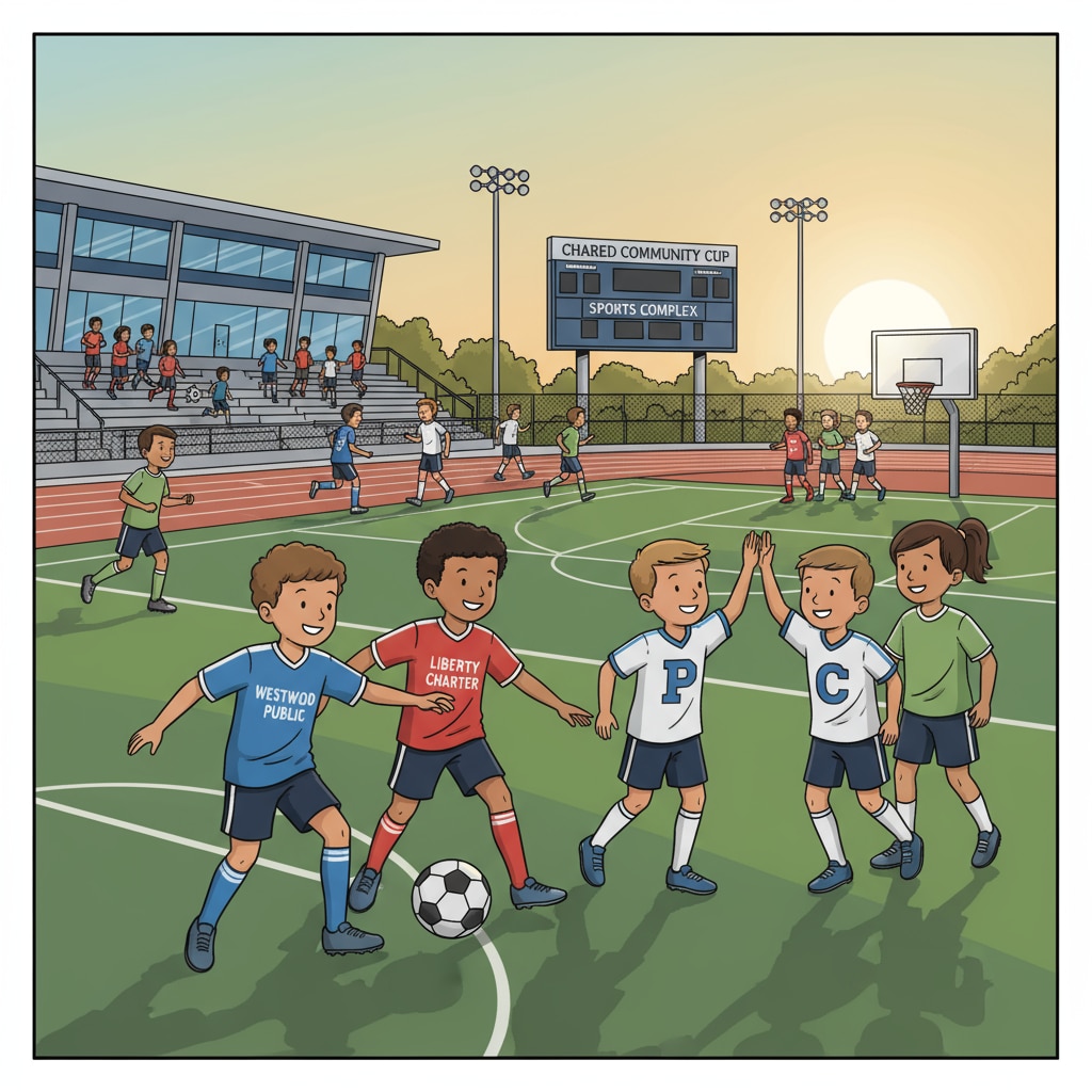 A group of students from public and charter schools using a shared sports facility, showing cooperation in sports activities. Students from public and charter schools sharing sports resources