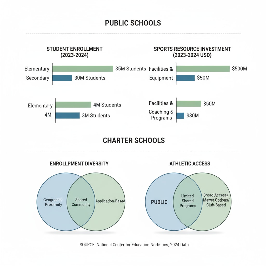 A comparison chart of public and charter school enrollments and sports resource investment, visually presenting the differences and relationships. Comparison of public and charter school enrollments and sports resource investment