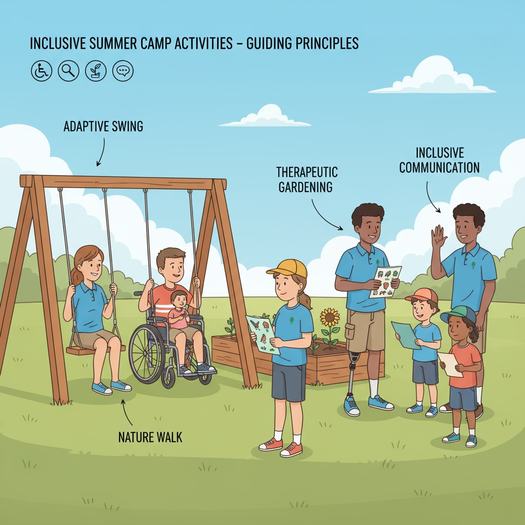 Camp counselors are leading special needs campers in an outdoor activity at a summer camp. Camp counseling for special needs campers during summer jobs