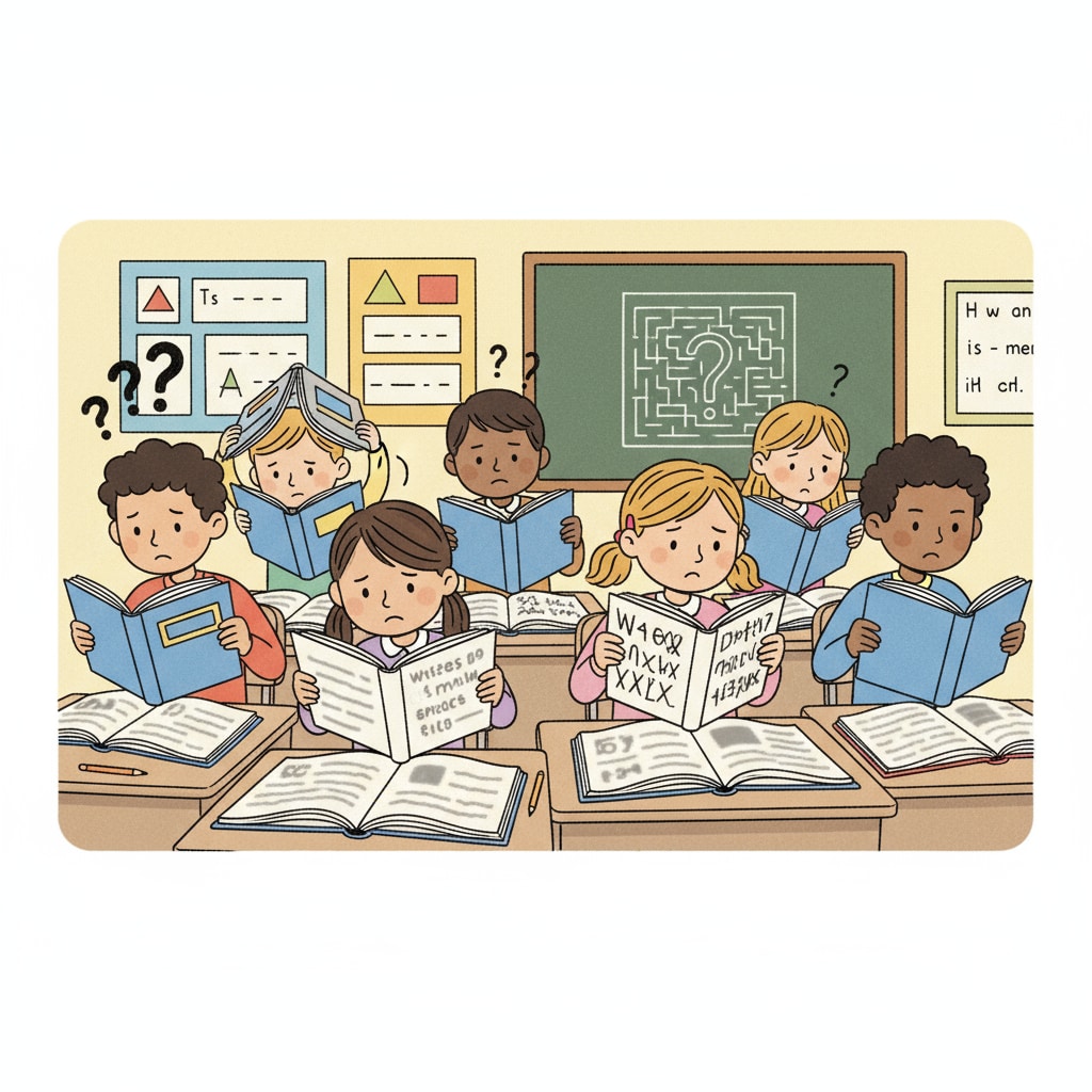 A classroom scene shows students looking confused while trying to read books, indicating their struggle with reading. Classroom scene depicting students' struggle with reading related to the school-to-prison pipeline, reading teaching methods, and