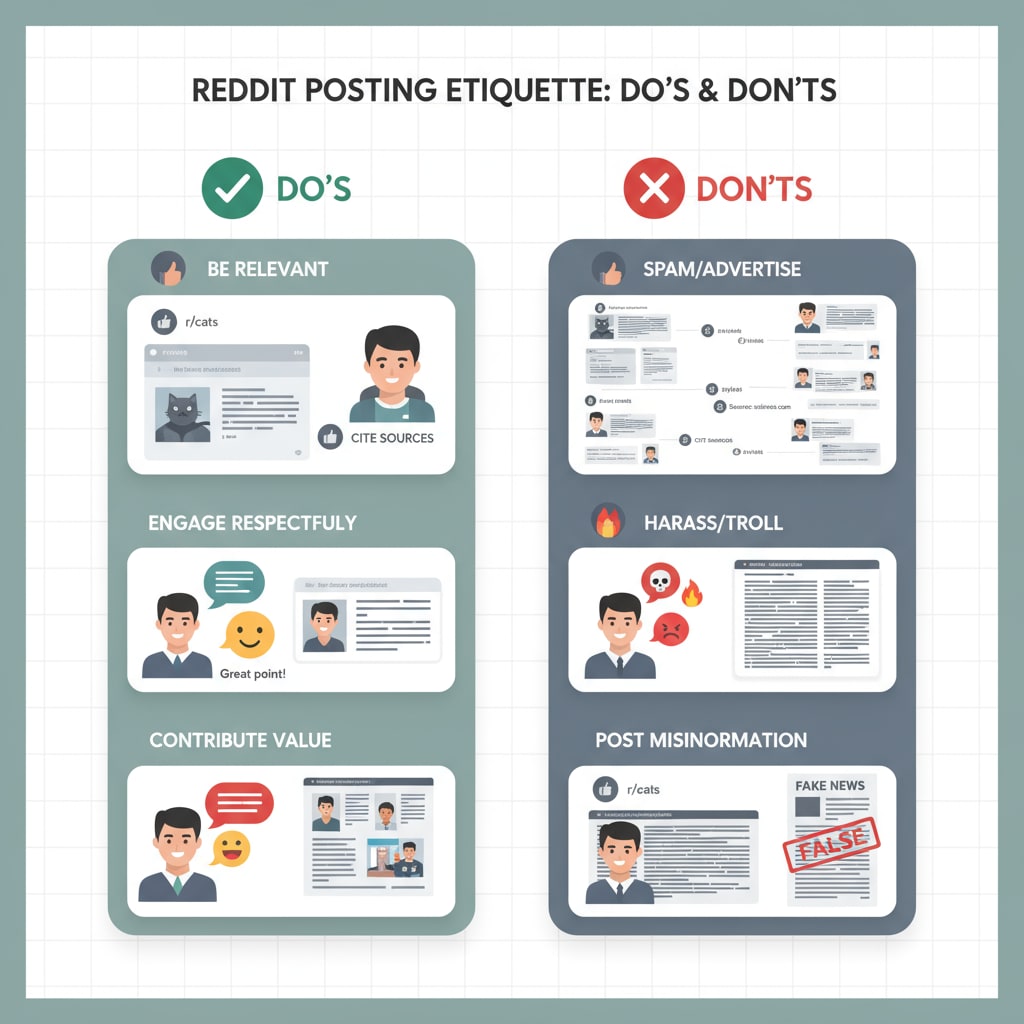 A graphic showing the do's and don'ts of posting on Reddit. It has clear visual cues for acceptable and unacceptable posting behavior. A graphic depicting the do's and don'ts of posting on Reddit, relevant to the posting rules in the Reddit education community.