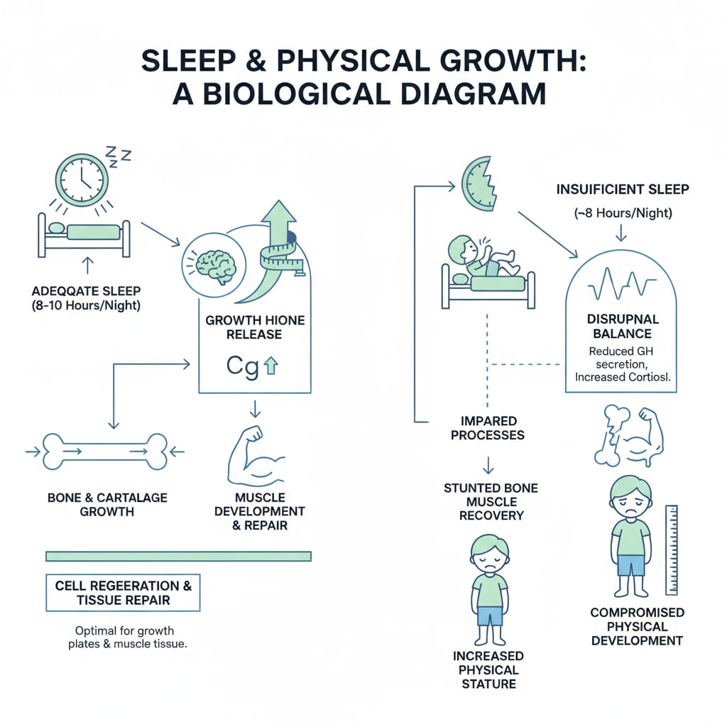 Diagram depicting the impact of sleep on physical growth relevant to school stress and mental health