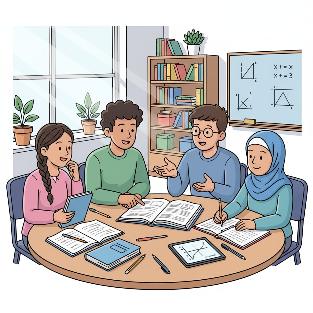 A group of students are gathered around a table in a classroom, discussing their homework assignments. Students engaged in a debate about homework in a classroom setting