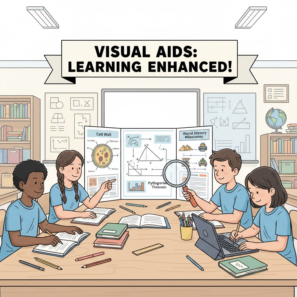 A group of K12 students are gathered around a table, using visual aids like charts and diagrams to study different subjects. This depicts how visual aids can enhance the learning process during student assignments. K12 students using visual aids for learning and completing assignments