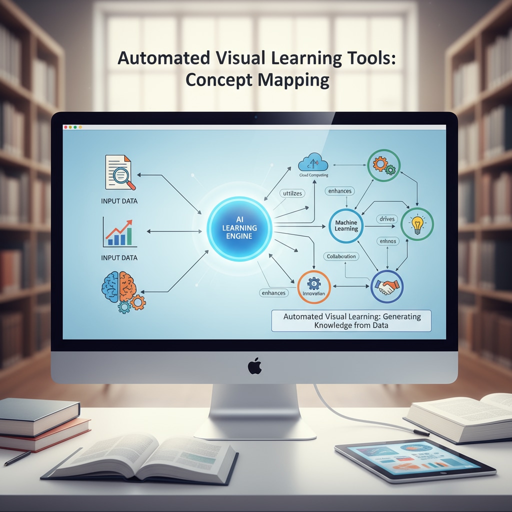 A computer screen displays an automated visual learning tool generating a concept map based on input data. This showcases the functionality of automated visual learning tools. Automated visual learning tool generating a concept map for student learning