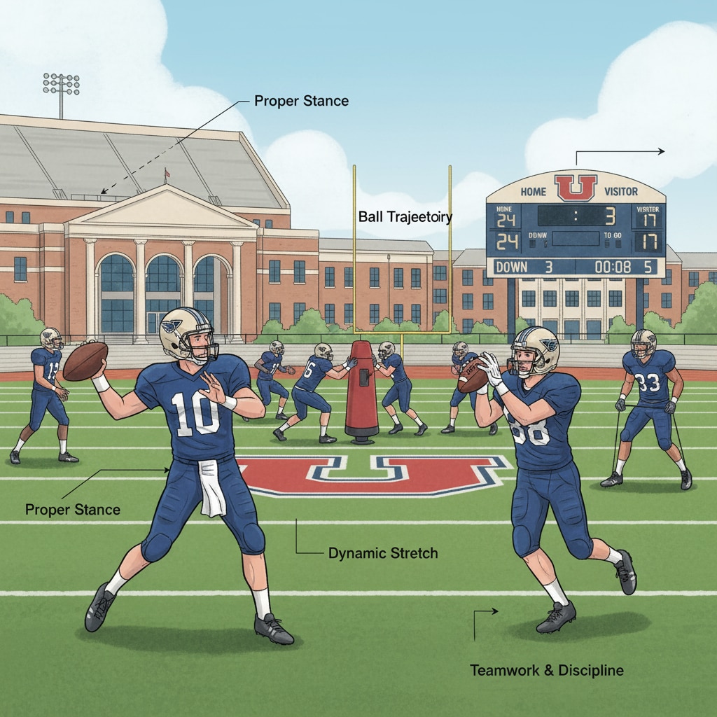 A group of young football student-athletes practicing on a college field, showing their dedication to the sport while being part of the college environment. Football student-athletes practicing on a college field, related to college admissions for football players.