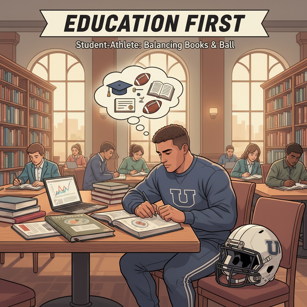 A football student-athlete studying in a college library, emphasizing the importance of academics for these athletes. A football student-athlete focusing on studies in a college library, relevant to the academic side of college admissions for football players.