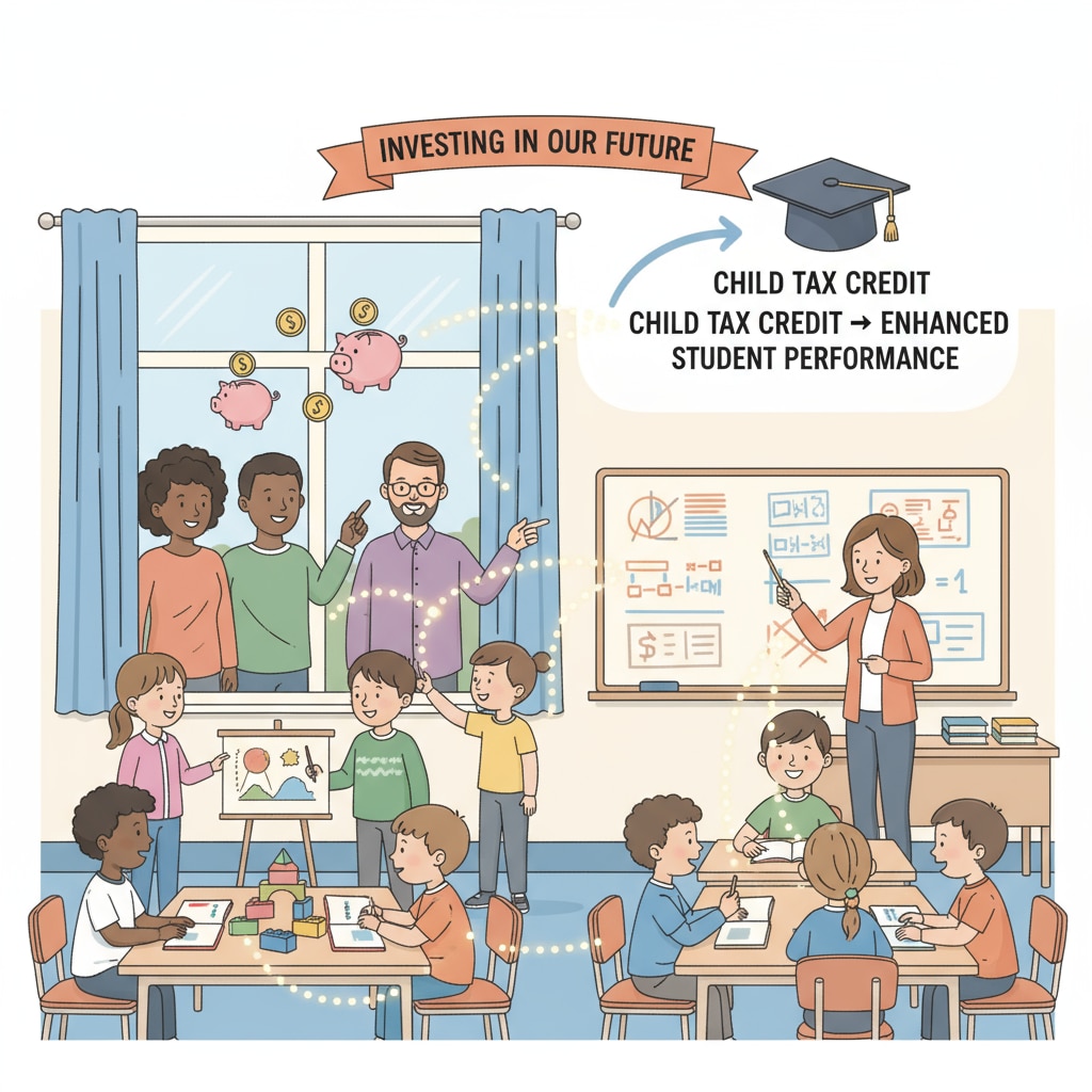 A classroom scene where students are actively learning, with parents observing through a window, symbolizing the connection between home and school in the context of child tax credit and student performance Classroom scene depicting the relationship between child tax credit, student performance, and parental responsibility