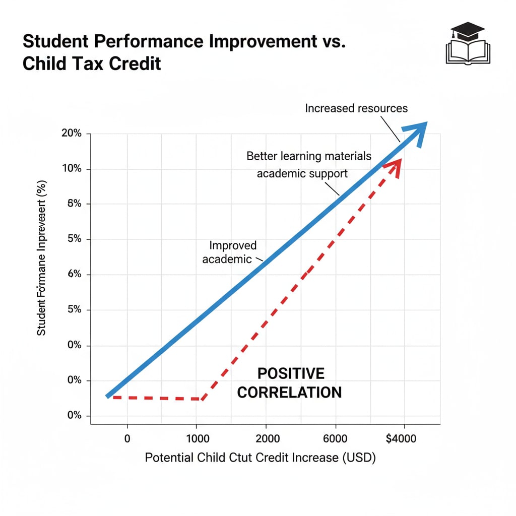 A graph showing the relationship between student performance improvement and potential increases in child tax credit, highlighting the positive correlation Graph showing the connection between child tax credit, student performance, and parental responsibility