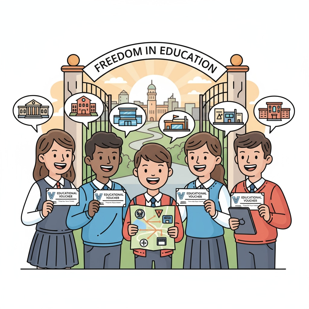 Students with educational vouchers symbolizing free choice in the education system
