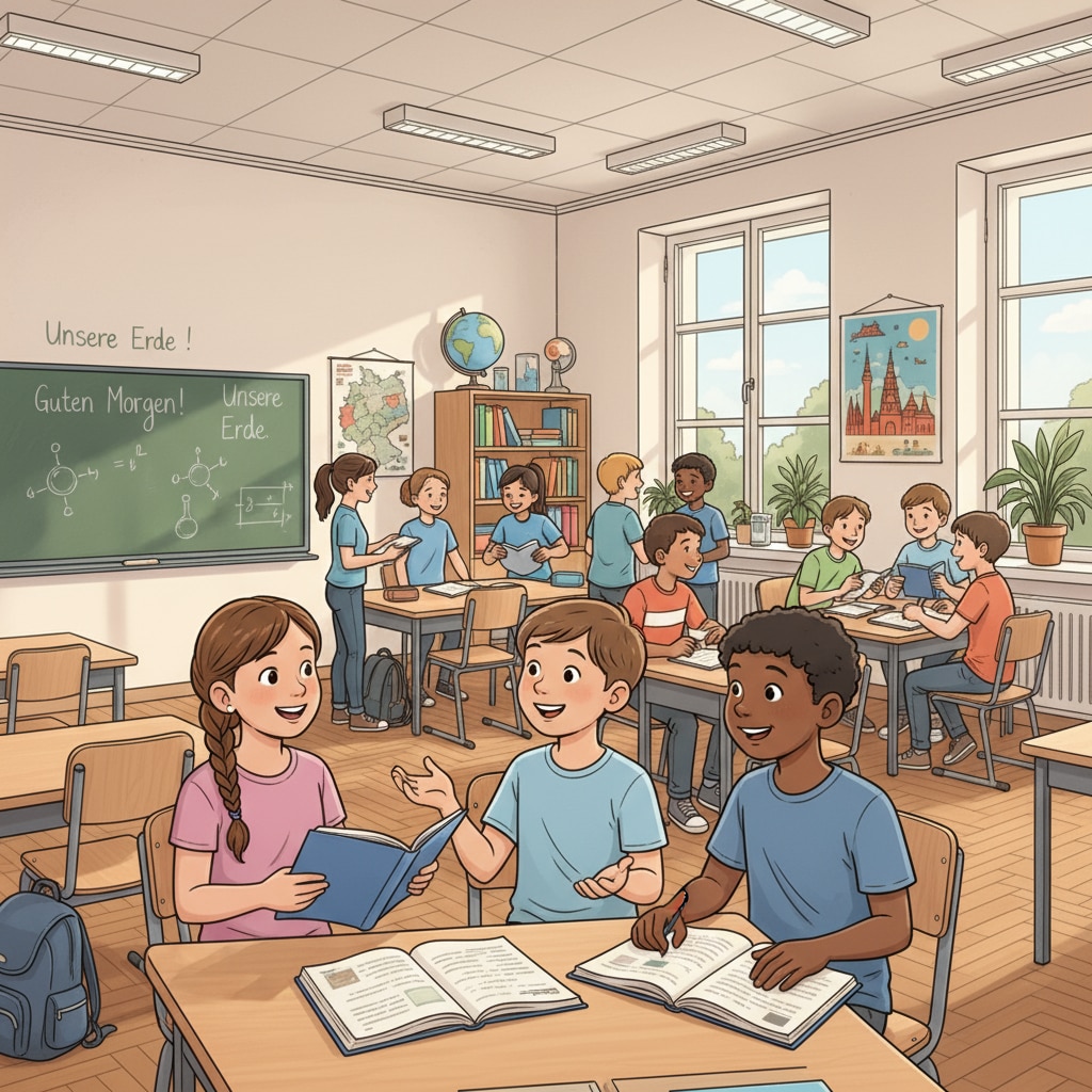 A group of K12 students are chatting in a German classroom, showing their daily learning environment in Germany. K12 students chatting in a German classroom, related to German study abroad, language barriers, and study abroad experiences