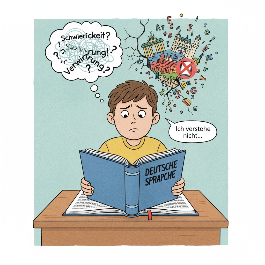 A K12 student is looking confused while reading a German textbook, indicating the difficulty caused by language barriers. K12 student confused by a German textbook, related to German study abroad, language barriers, and study abroad experiences