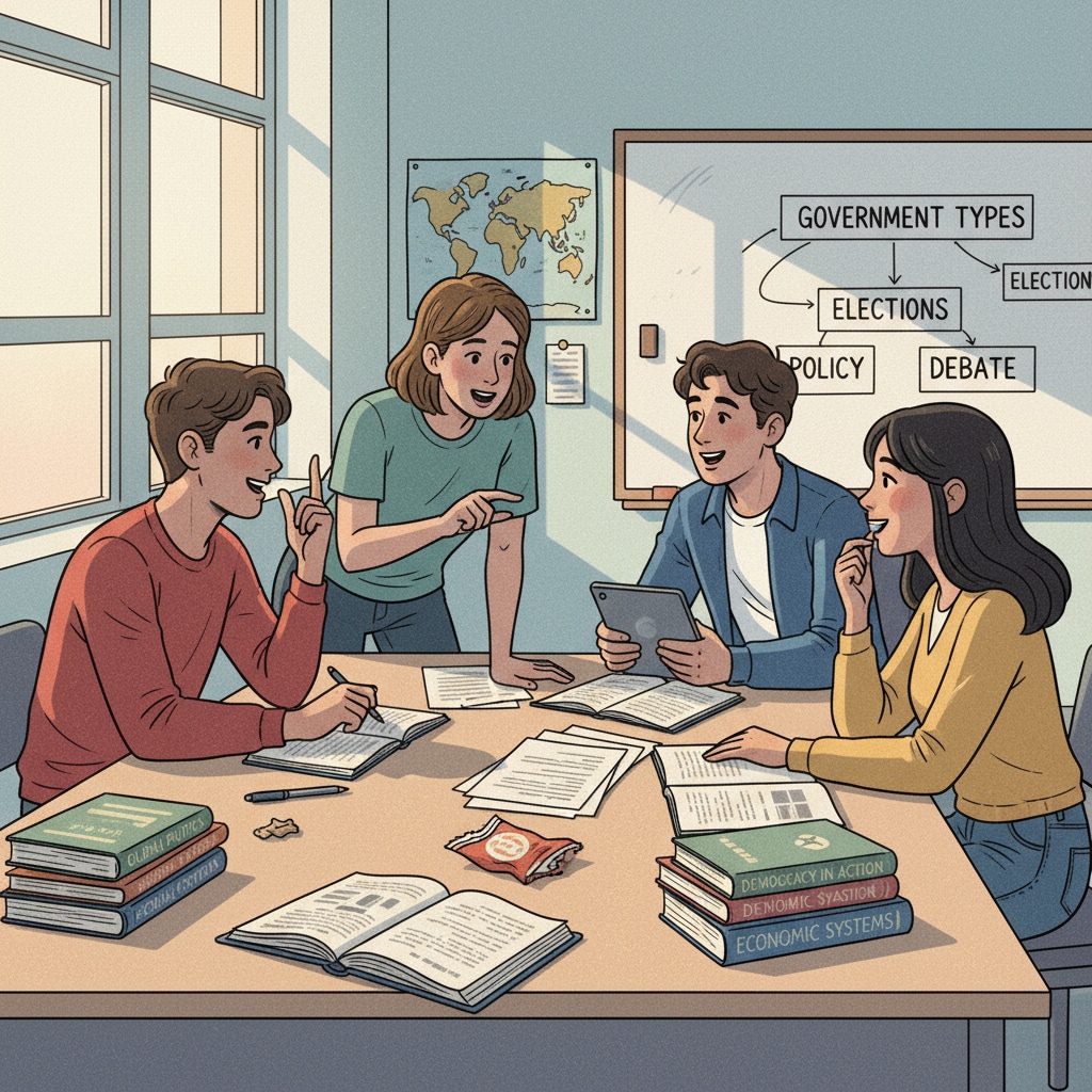 A group of students are engaged in a lively discussion about political topics in a classroom setting, with books and papers spread out on their desks. Students discussing political science topics in a K12 classroom in the context of European universities' influence on political education