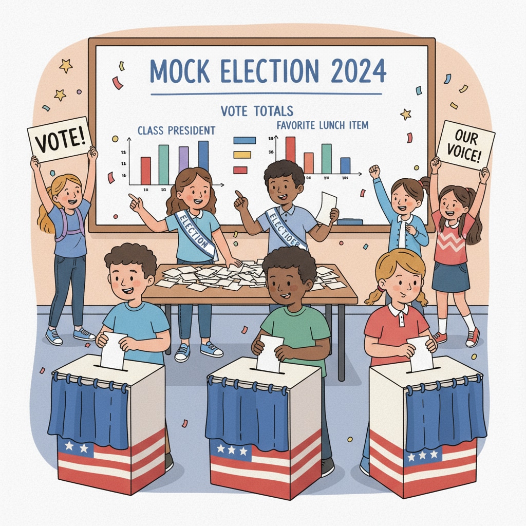 Students are actively participating in a mock election, with some casting votes, others counting ballots, and a sense of excitement in the air. Students participating in a mock election as part of K12 political science education inspired by European university ideals