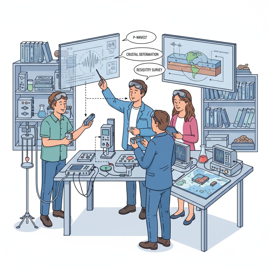A group of geophysics students are engaged in a discussion in a laboratory setting, surrounded by various scientific instruments. Geophysics students in a laboratory discussing their research, highlighting the challenges they may face in the job market and the potential of a second master's degree.