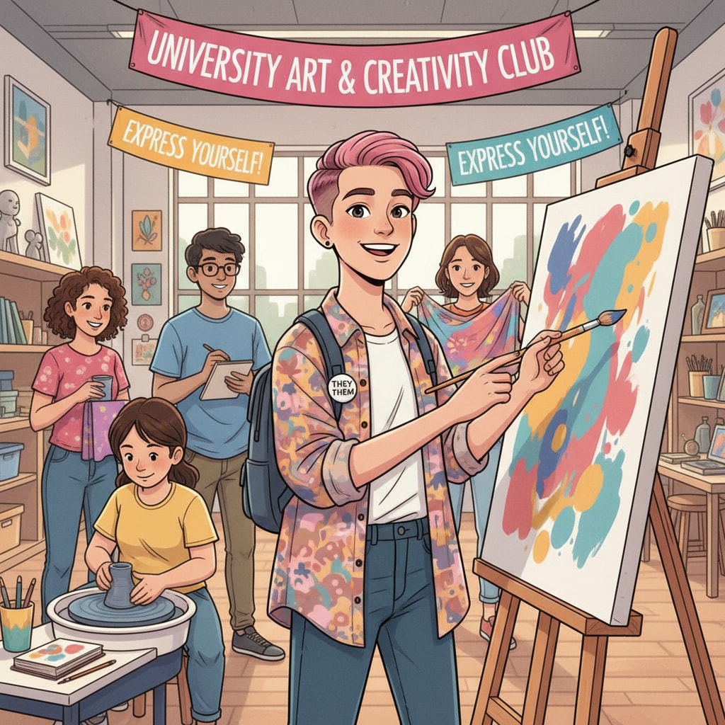 A transgender student actively participating in a university club event. They are smiling and interacting with other club members. The event seems to be related to art and creativity. Transgender student in an Asian university club activity