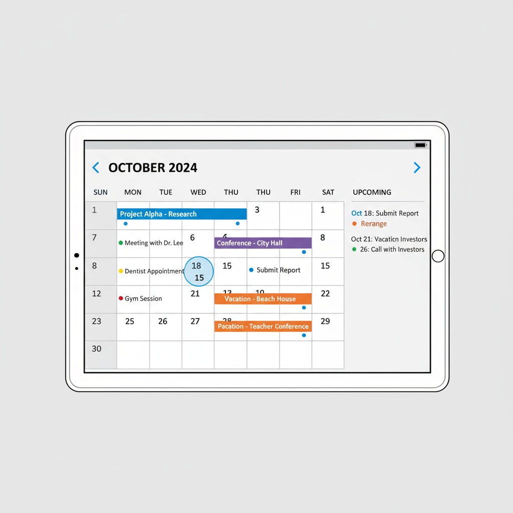 A screenshot of a calendar app interface with tasks and events clearly marked, showing a monthly view with various colored dots representing different activities. Free calendar app interface for students to enhance organizational skills