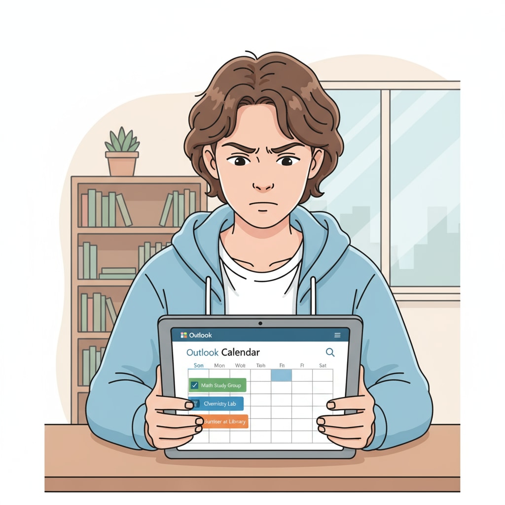 A student using a tablet to view an Outlook Calendar, with a focused expression as they check their schedule. Student using Microsoft Outlook Calendar to manage academic and personal schedules
