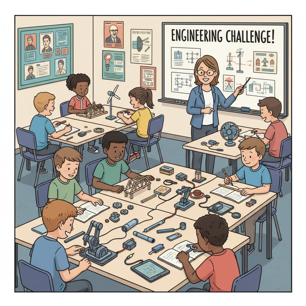 A classroom scene shows students actively engaged in engineering experiments, with various tools and materials on their desks. This reflects the practical aspect of engineering education in K12. K12 students conducting engineering experiments related to mechanical engineering, transportation industry, and future master's programs