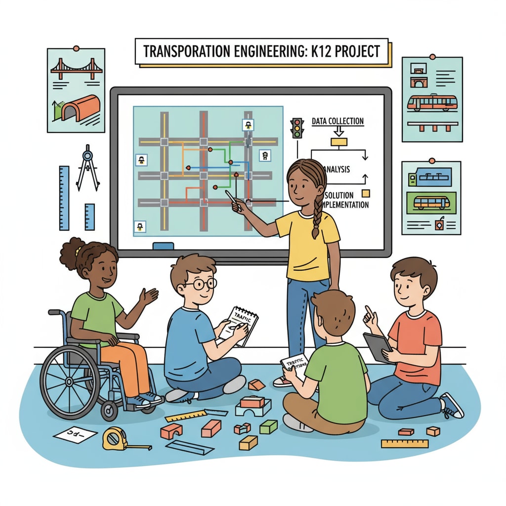 A group of students are collaborating on a traffic management project, discussing ideas and making plans. This showcases the application of engineering concepts in the transportation industry at the K12 level. K12 students working on a traffic management project relevant to mechanical engineering, transportation industry, and master's programs
