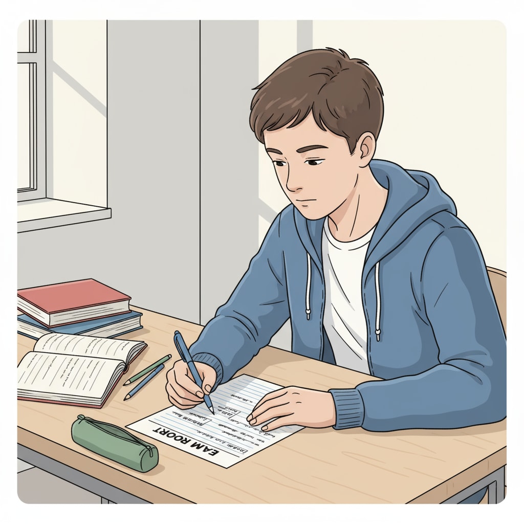 A student is sitting at a desk, with a pen in hand, looking intently at a piece of paper where they are writing an exam report. There are books and notebooks beside them. A student focusing on writing an exam report to improve writing skills and achieve better exam scores