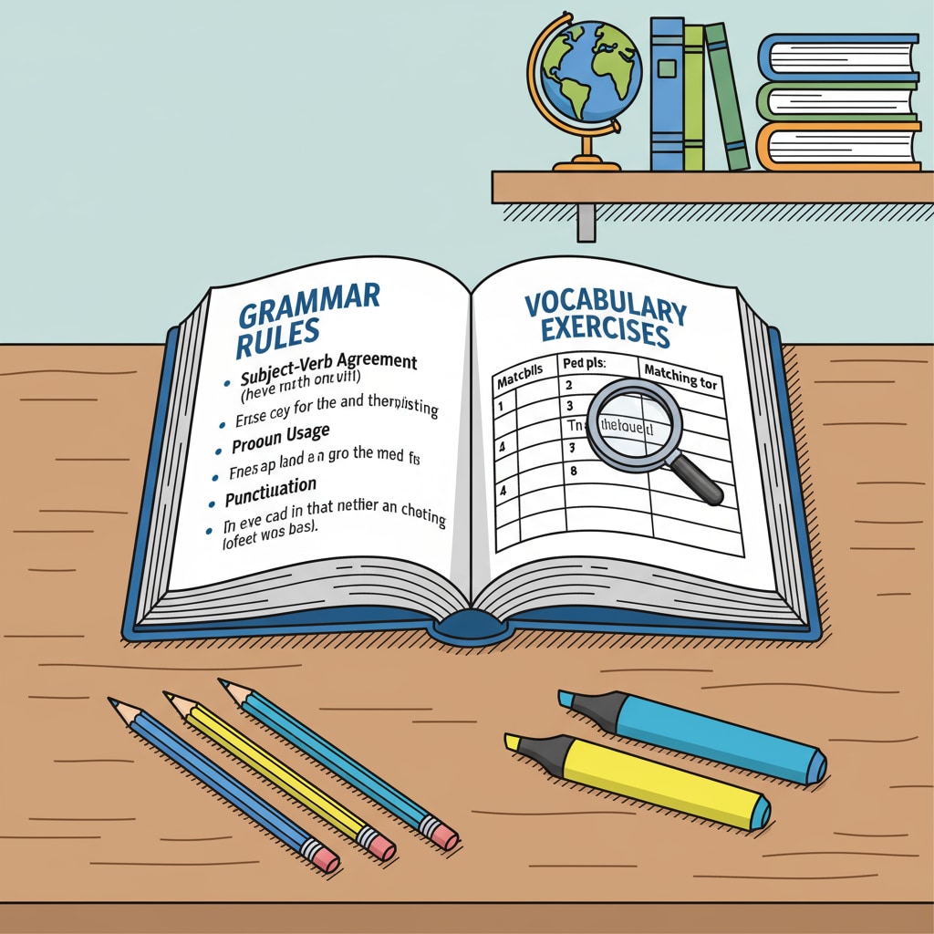 An open book shows pages filled with grammar rules and vocabulary exercises. There are pencils and highlighters beside the book. A resource for enhancing language skills which is crucial for exam report writing and better scores