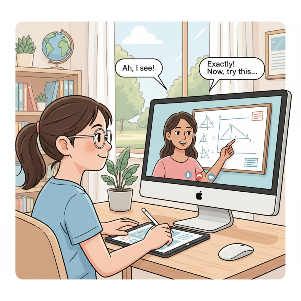 A student is attentively participating in an online tutoring session, sitting in front of a computer with a focused expression. A student engaged in an online tutoring session related to parents' trust in online and offline tutoring