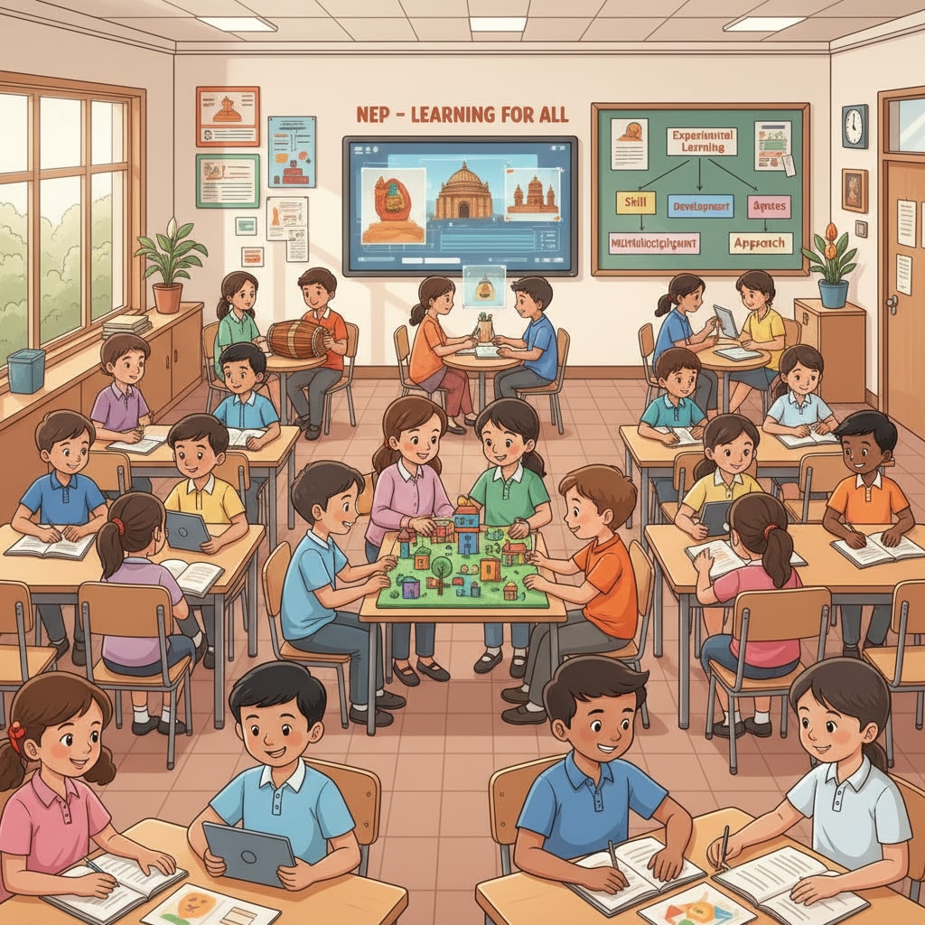 A group of students in a classroom, showing engagement in learning activities, symbolizing the impact of NEP on daily educational practices Students in a classroom setting, representing NEP's implementation in education
